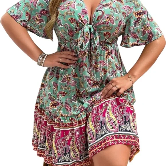 BohoTeal and Pink Paisley Tie-Front cut out Dress, Large, New - Picture 1 of 8